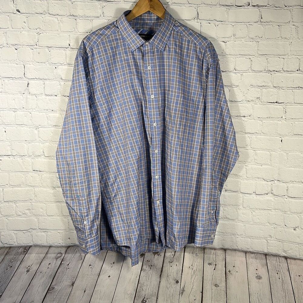 Johnston & Murphy‎ Plaid Button Down shirt XL Cotton Stock # 74-7933 Blue Brown